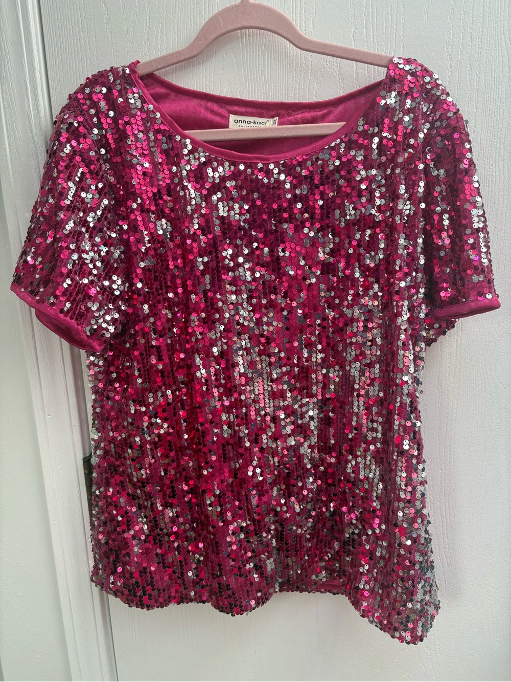 Anna-Kaci Fuchsia Sequin Short Sleeve Top